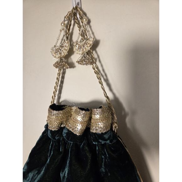 Velvet Polti Bag Forest Green Gold Floral Beading Ribbon Drawtring Satin Lined - Picture 7 of 9